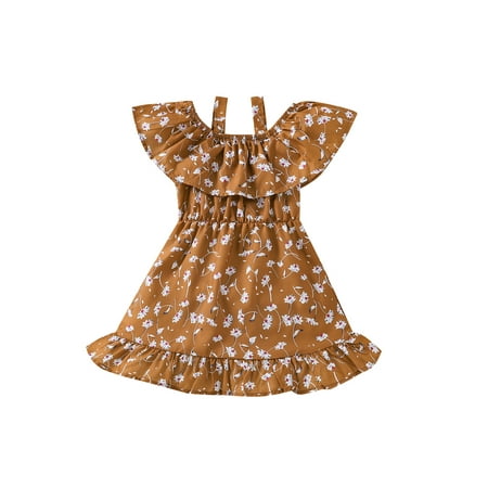 

Suanret Little Girl Streetwear Toddler Suspender Dress Floral Ruffle Boat Neck A-line Skirt Summer Clothes Brown 4-5 Years
