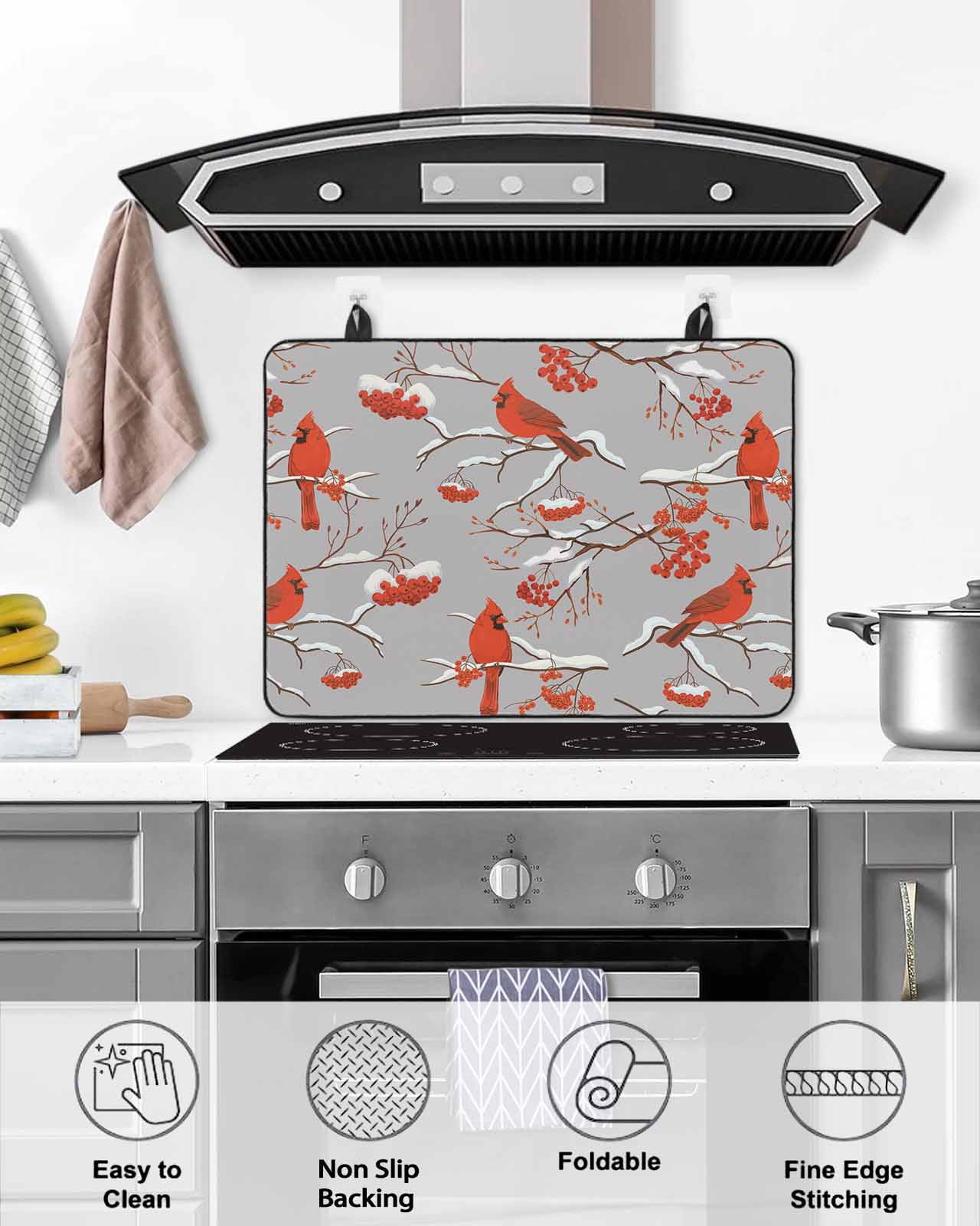 Large Induction Cooktop Protector Mat Christmas Stove Top Covers for Electric Stove, Red Cardinal Birds on Branch Berries Grey Decorative Stove Burner Cover Mats, Glass Top Stove Cover