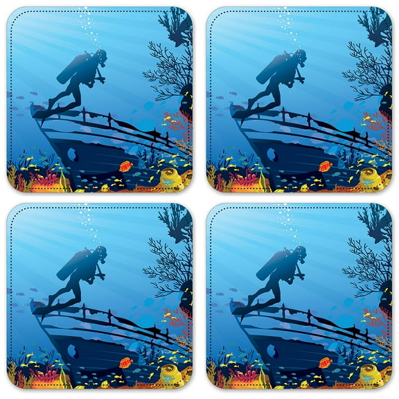 Vinyl Drink Coasters - Set of 4 - Coral Reef & Diver