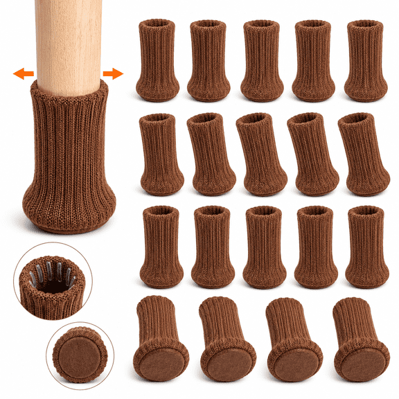 24 PCs Knitted Chair Leg Protectors for Hardwood Floors,Double Thickness Built-in Silicone Non-slip with Felt Bottom High Elastic Furniture Feet Socks Caps Covers Pads Scratching & Reduce Noise,Brown