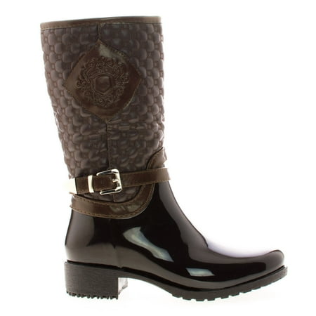 Burgundy Leather Calf Boots - Cody22K by Link, Children's Girl Mid Calf Zip Up Quilted Emblem Shaft Rain Boots