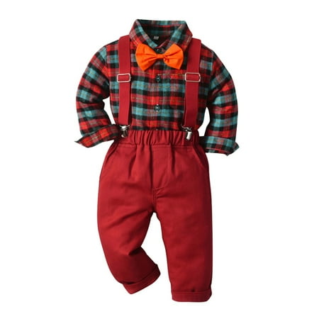 

Toddler Gentleman Suit Baby Little Boy Clothes Sets Bowtie Long Sleeve Shirts and Suspenders Pants Sets 2Pcs Casual Outfit Sets 12 Months-7 Years