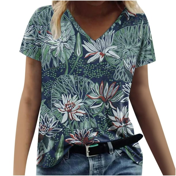 Camiseta informal para mujer con estampado floral y cuello en V, manga corta, jersey, blusa, tops Fridja zx3982