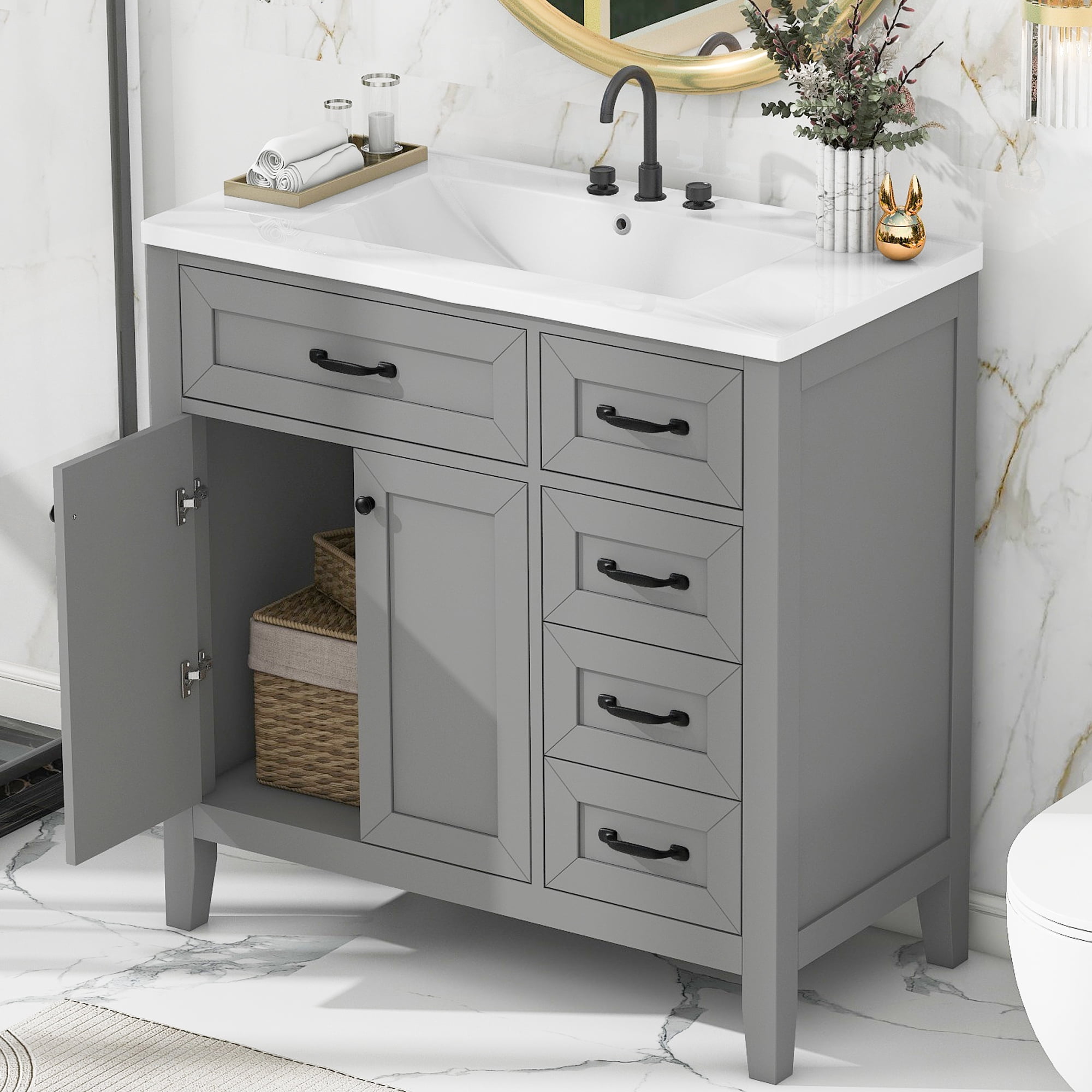 Euroco 36" Freestanding Bathroom Vanity with Ceramic Sink, Storage Cabinet & Drawers, Solid Wood and MDF Construction – Black with Silver Handles