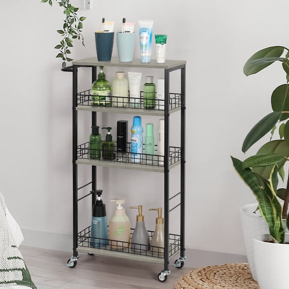 Slim Storage Cart 4 Tier Narrow Rolling Cart on Wheels Mobile Kitchen Narrow Cart with Wooden Tabletop Gray