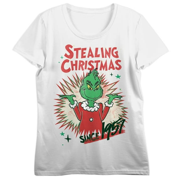 The Grinch Stealing Christmas Since 1957 Women's White Short Sleeve Tee-3XL