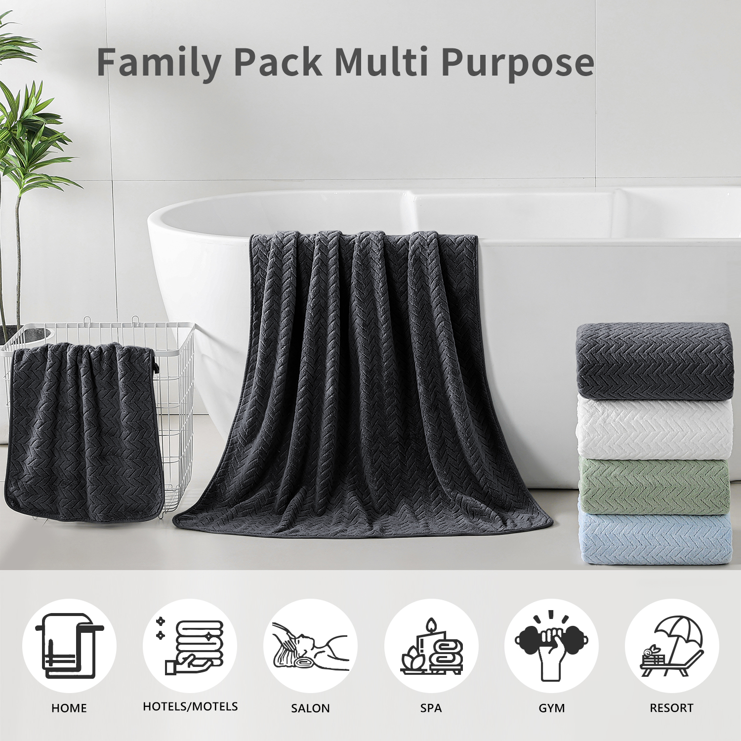 Covina Home 4-Pack Black Bath Towel Set, Oversized Ultra Soft Microfiber Bathroom Towel Set Adult Luxury Lightweight Cozy Collection