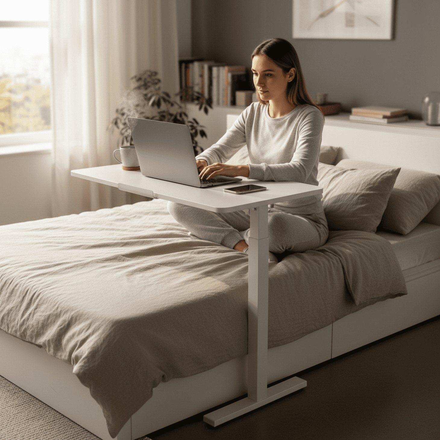 EDX Adjustable Overbed Table with Wheels, Rolling Laptop Bed Desk for Home Hospital Use, Height & Tilt Adjustable Mobile Table for Eating, Working, Reading， White