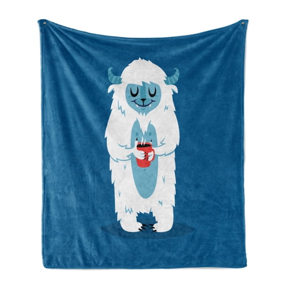 Bigfoot Soft Flannel Fleece Throw Blanket, Yeti Monster Holding a Cup of Coffee in Cold Winter Graphic Image, Cozy Plush for Indoor and Outdoor Use, 50" x 70", Cobalt Blue Baby Blue, by Ambesonne