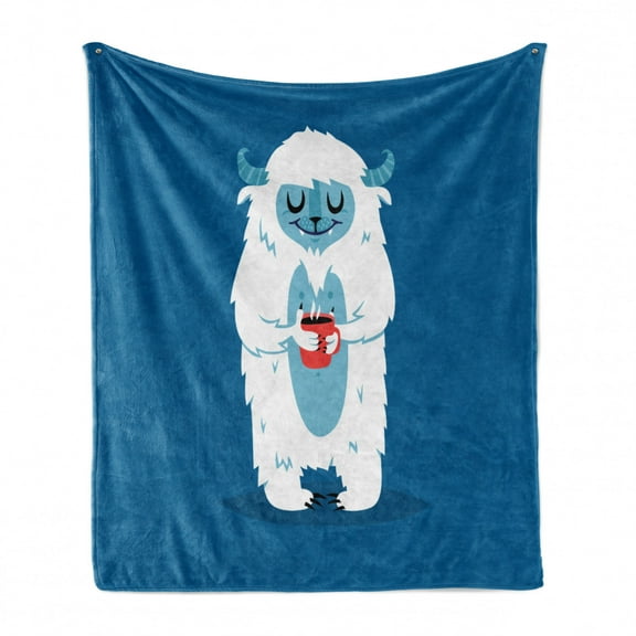 Bigfoot Soft Flannel Fleece Throw Blanket, Yeti Monster Holding a Cup of Coffee in Cold Winter Graphic Image, Cozy Plush for Indoor and Outdoor Use, 70" x 90", Cobalt Blue Baby Blue, by Ambesonne