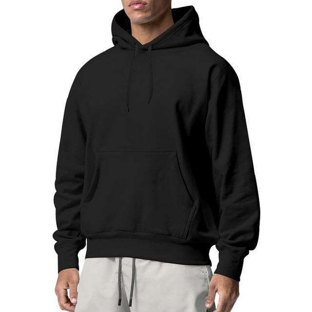 Innerwin Sweatshirts Drawstring Men's Hoodies Fall Solid Color Thick Hooded Sweatshirt Black M