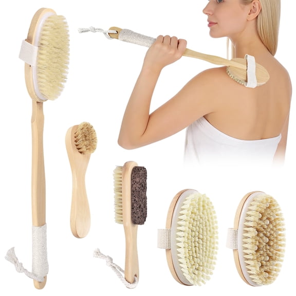 Style-Carry 5 Pack Natural Boar Bristle Body Brush Set, Detachable Dry Exfoliating Shower Brush for Body Bath Scrubber and Skin Care