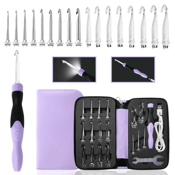 Yarniss 17 Sizes Lighted Crochet Hooks Set 2.5mm~14.0mm, Metal Crochet Hook with Interchangeable Crochet Head