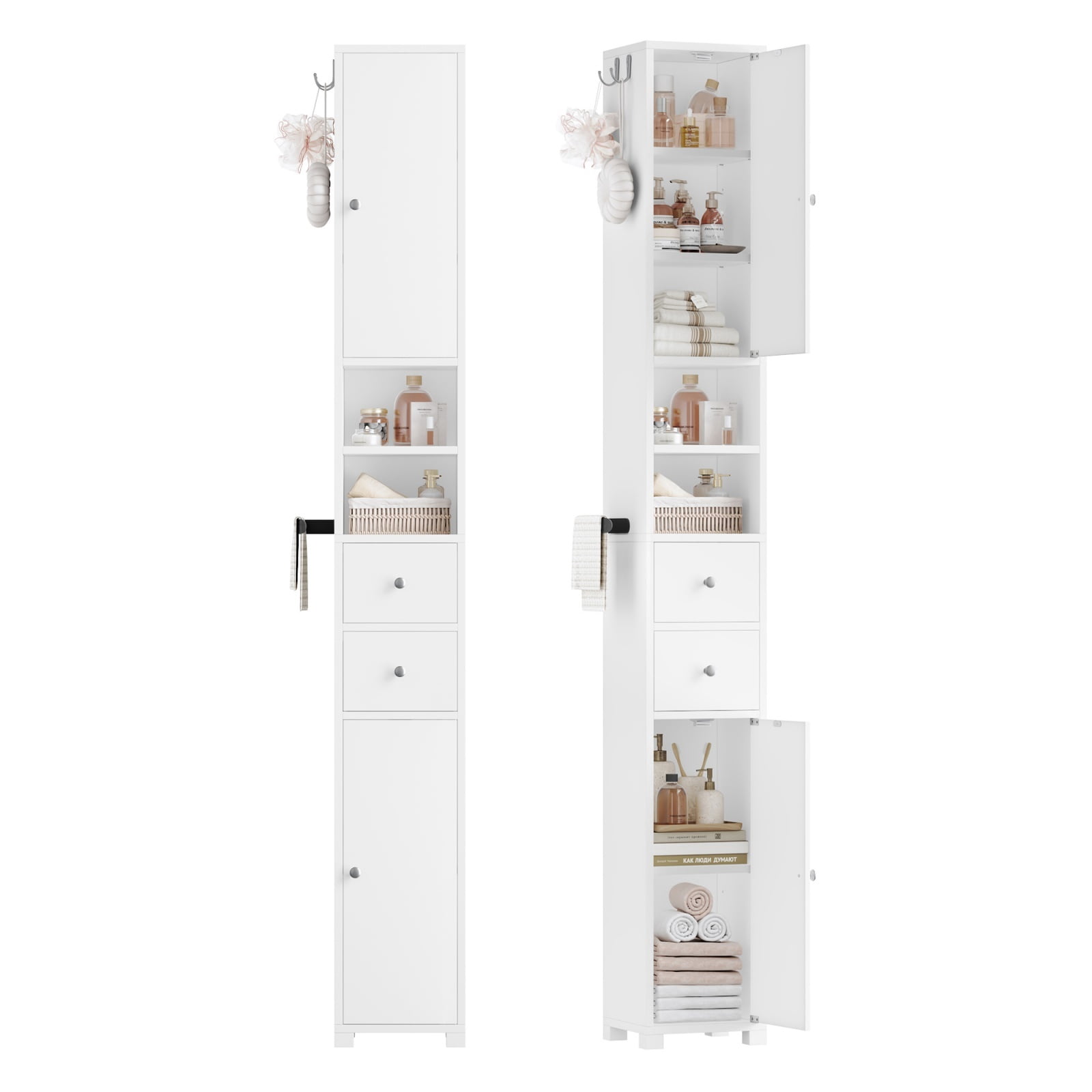 Homfa 71" Tall Bathroom Storage Cabinet with Adjustable Shelves, 2 Doors & Drawers Bathroom Storage Tower with Hooks & Paper Towel Holder, Freestanding Narrow Cabinet for Small Spaces, White
