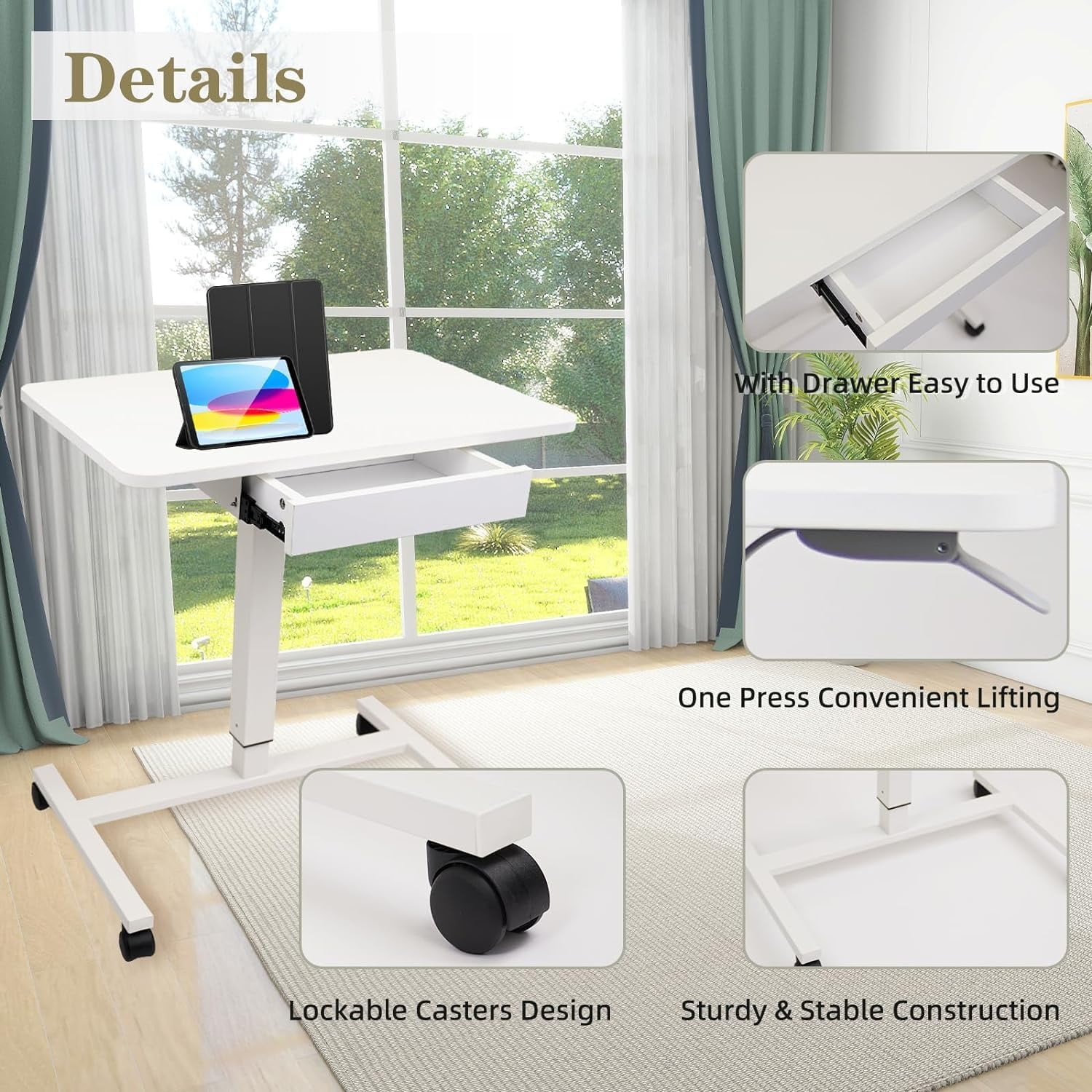 CLATINA Mobile Standing Desk, Rolling Standing Desk, Pneumatic Sit to Stand Workstation Table, Computer Cart Overbed Table with Drawer for Home Office Classroom, 28" x 19" White