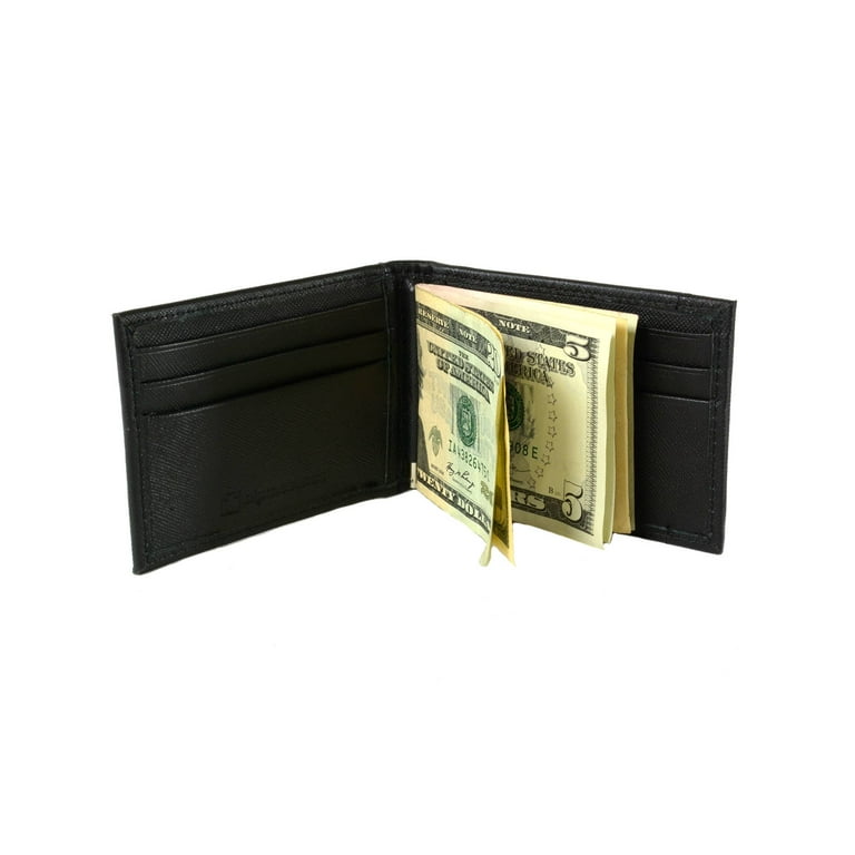 Genuine Leather Metal Money Spring Clip Horizontal Bifold Wallet Id Holder