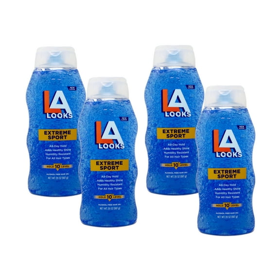 L.A. LOOKS Extreme Sport Hold 10 Level, All Day Hold, for All Hair Types, 20 OZ, Blue, Pack of 4