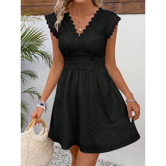 Black Hollow Out Lace Trim V-Neck Short Sleeve A-Line Mini Dress