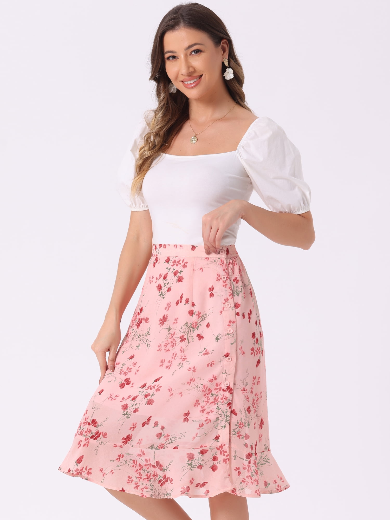 DARING DIVA Women's Floral Ruffle Hem Elastic Back Split Skirt XS Light Pink