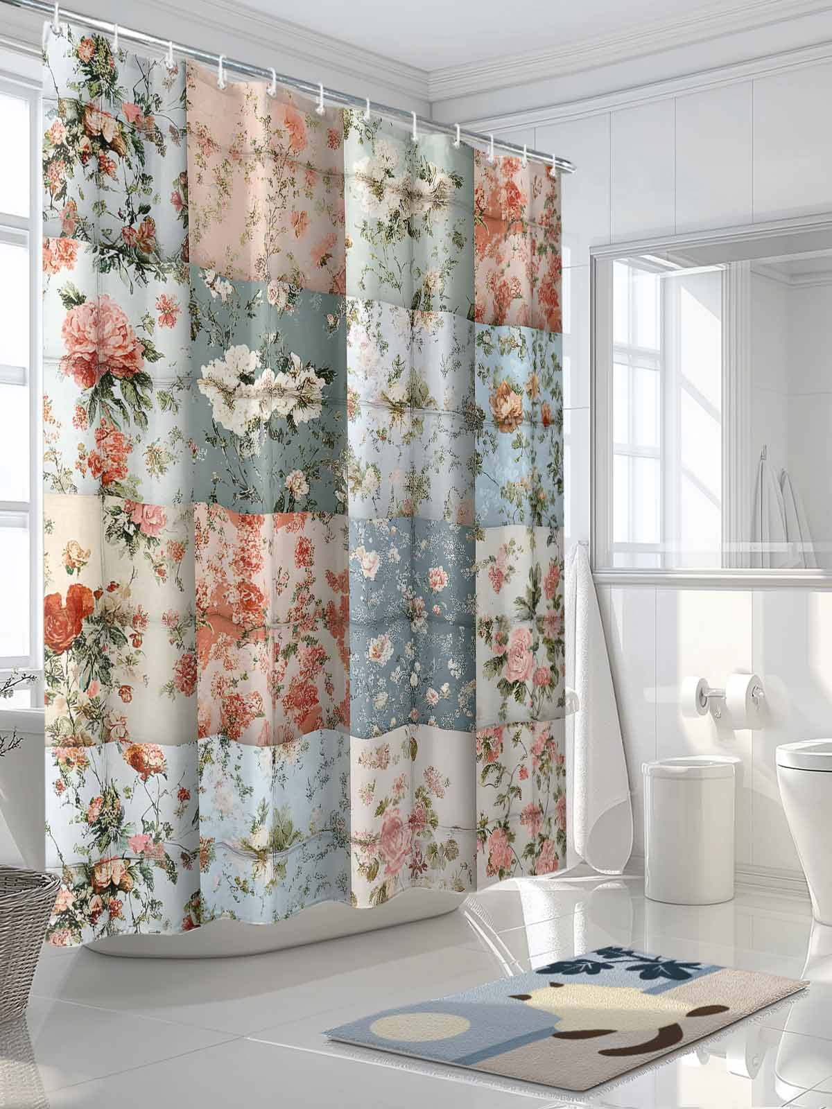 Elegant Spring Floral Extra Long Shower Curtain Set, Waterproof Shower Curtains for Bathroom, Summer Botanical Plaid Farmhouse Washable Fabric Cloth Bath Curtain for Bathtub with Hooks 72x96 Inches