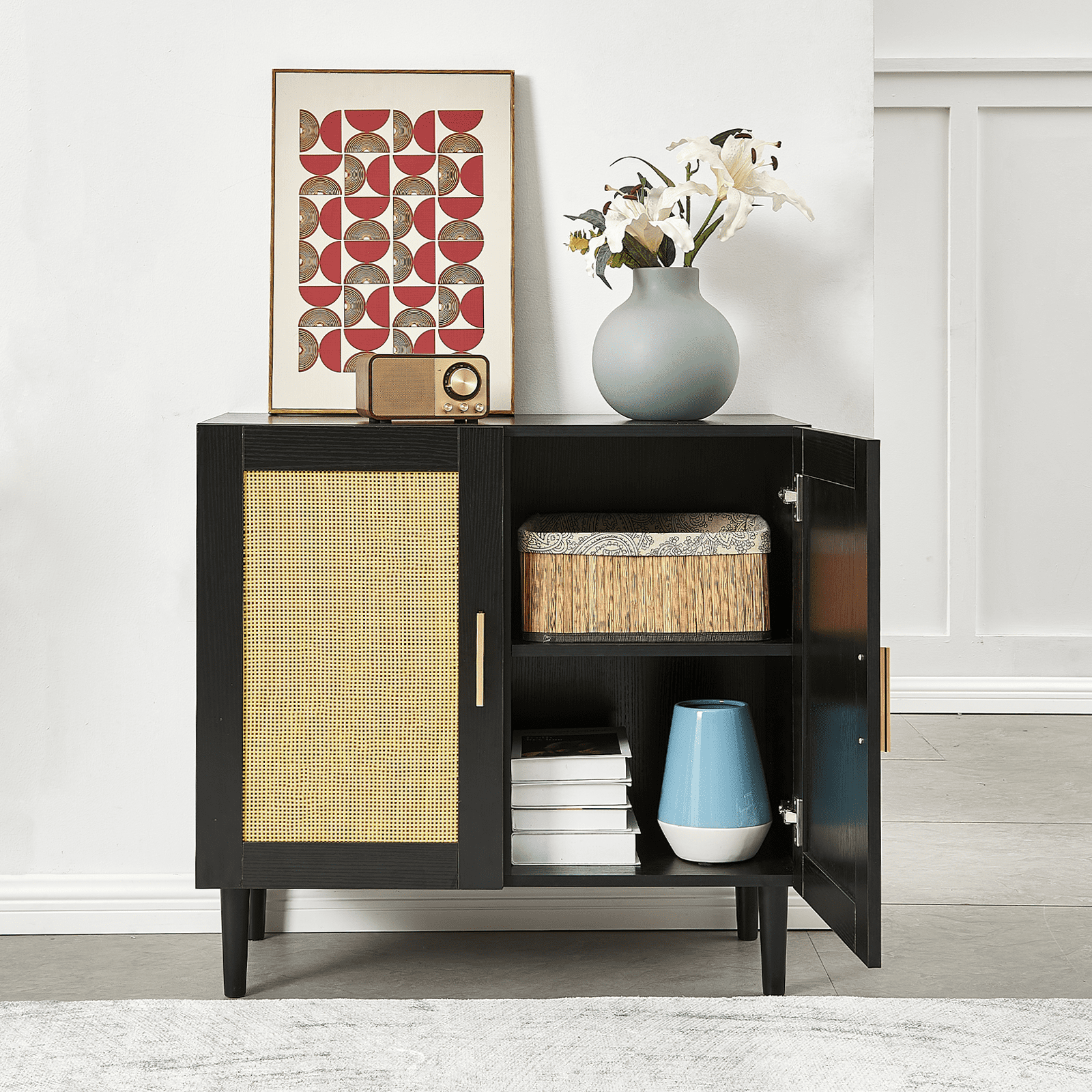 Aukfa Accent Cabinet Sideboard w/ Rattan Door for Living Room Entryway,Black