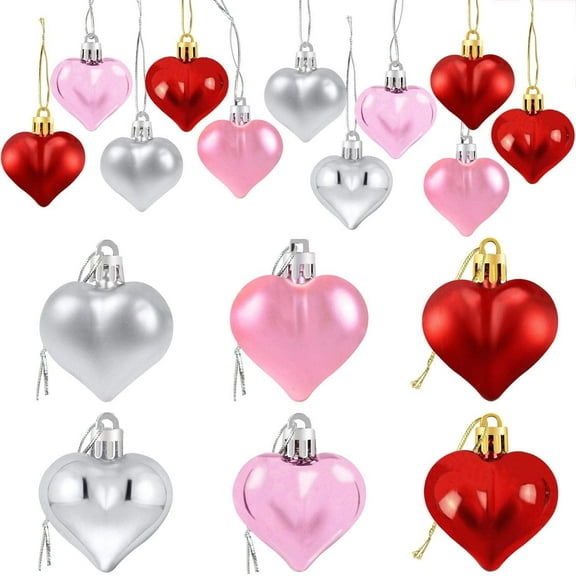Valentine's Day Heart Shaped Ornament Decorations Red Pink Silver Heart Shaped Baubles, Romantic Decorations 24PCS