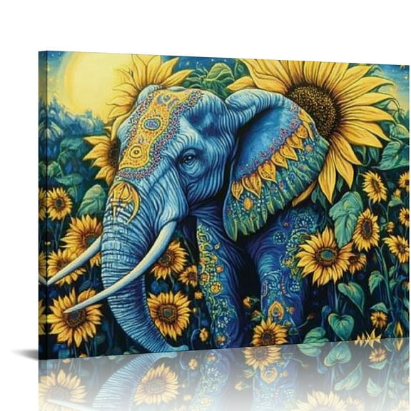ZFLMY Elephant Sunflowers Canvas Prints Wall Art Modern Decor for Home Living Room Bedroom Kitchen Bathroom Office Salon Bar 16x12in