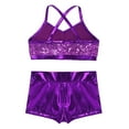 thumbnail image 4 of Yartina Kids Girls 2-Piece Shiny Sequins Crop Top with Booty Shorts Set Gymnastics Dance Outfits Purple 8, 4 of 7