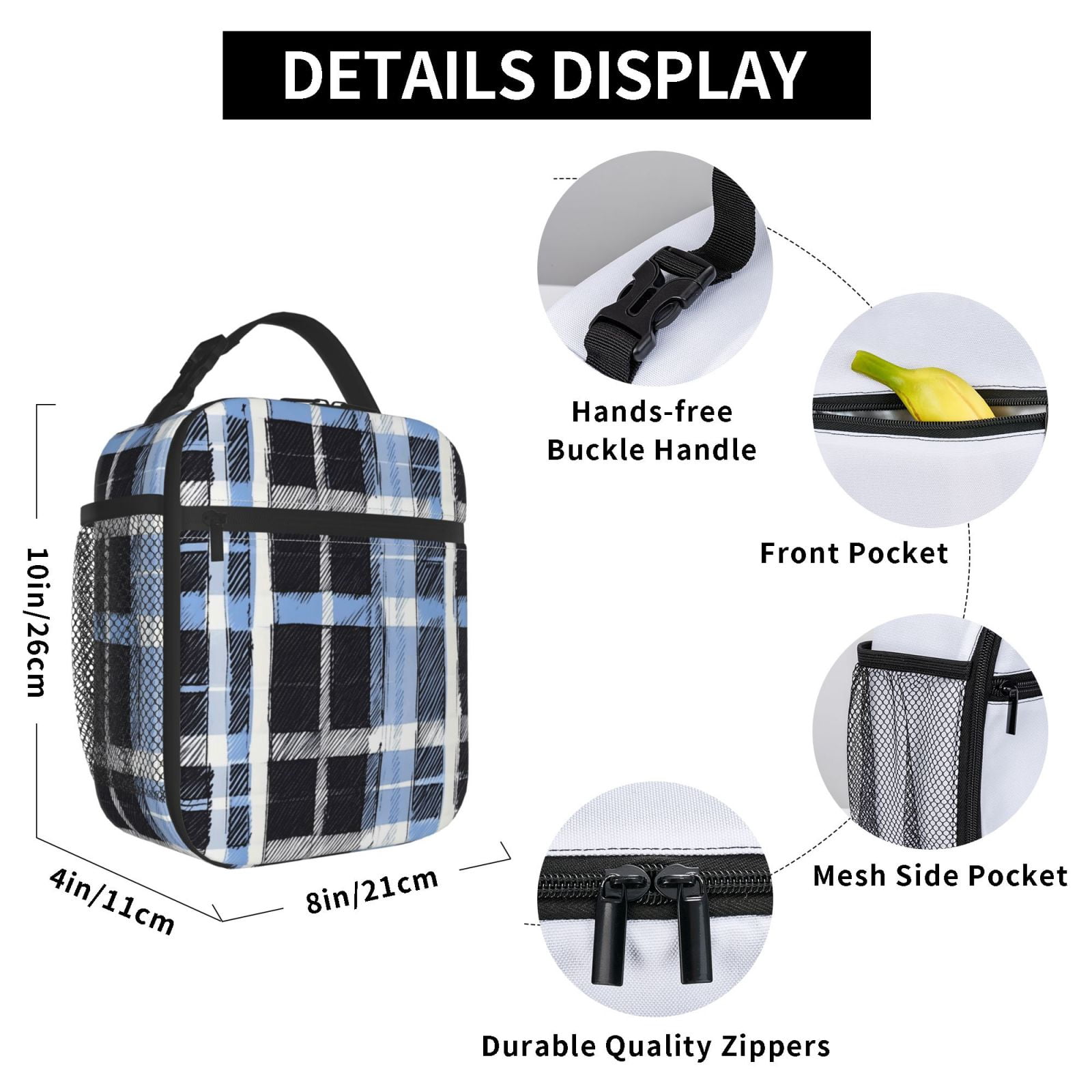 Lunch Bag For Women Men Insulated Portable Lunch Box Bento Box Office Picnic Travel Cooler Bag Mediumblue Houndstooth Buffalo Plaid Tartan Check Scotland Hand-Drawn Sketch_3