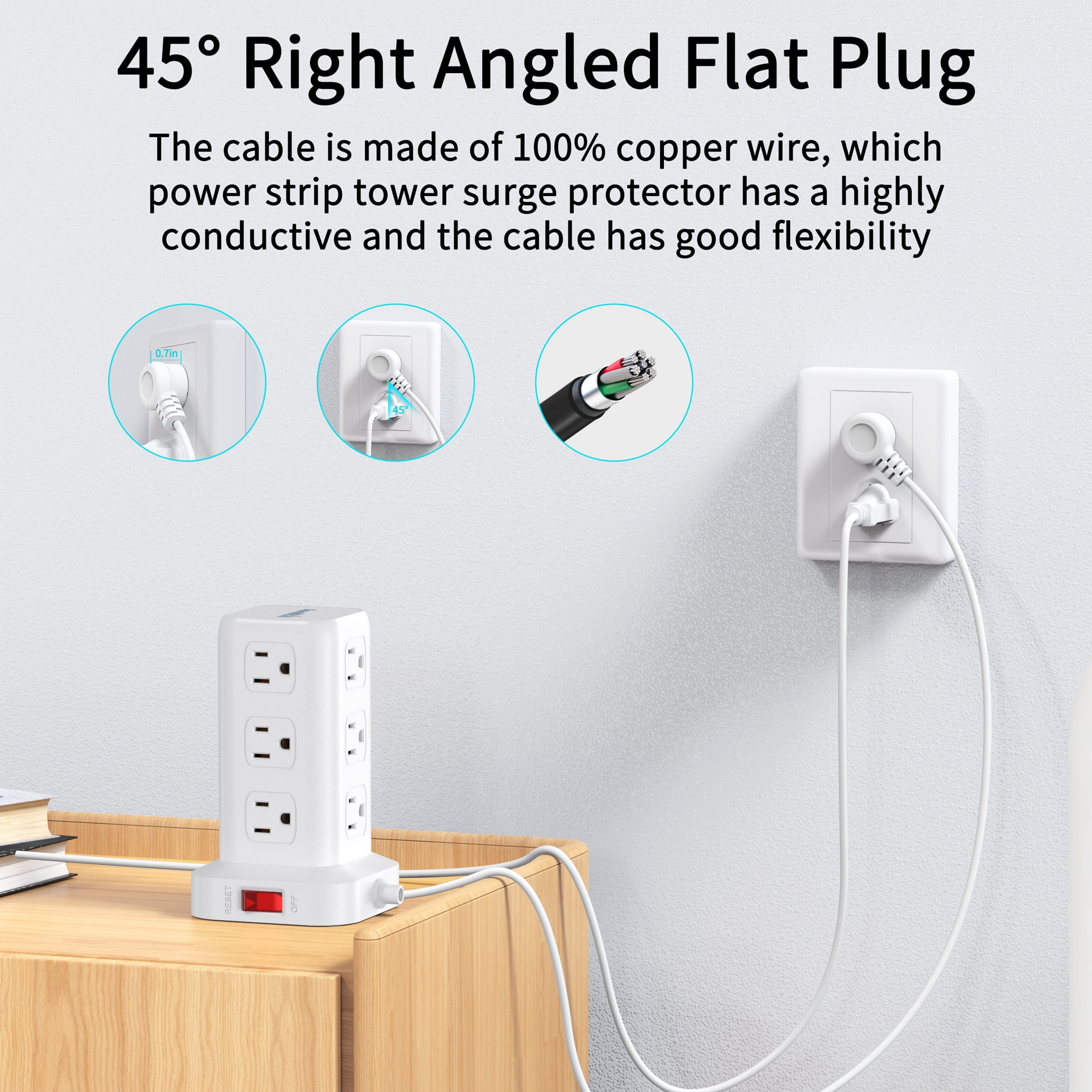 Power Strip Tower 12 Outlets with 4 USB Ports Surge Protector Electric Charging Station 6.5ft Cord, White