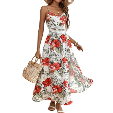 Halter Dresses for Women Summer  Vacation Ready Sundress with Straw Bag Combo Split Shoulder Floral Dress Brunch Dates Hand-Wash Friendly Lace Wedding Guest Size Inclusive Red Xxl
