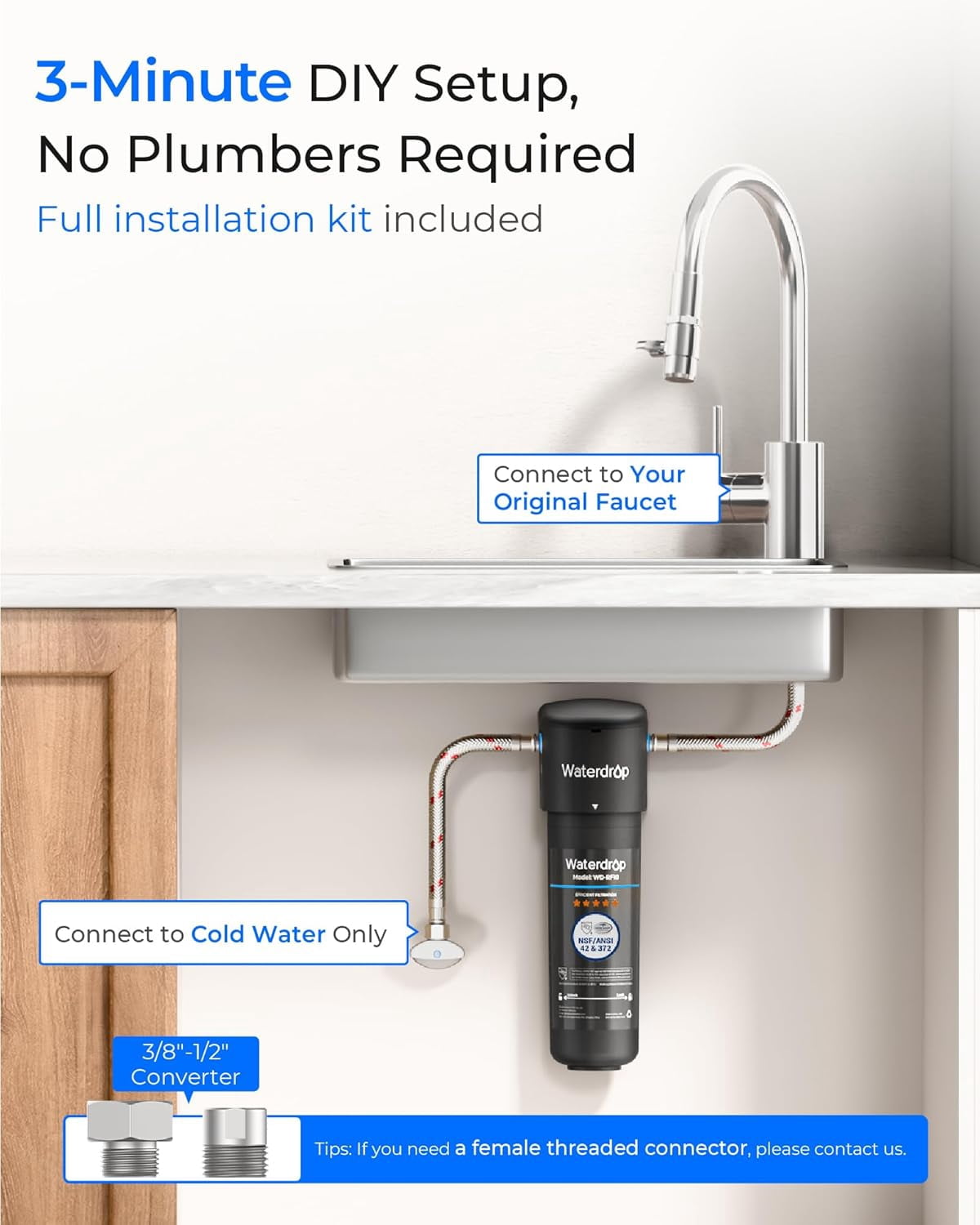 Waterdrop 10UA Under Sink Water Filter System, 8K Gallons High Chlorine Reduction Water Filtration System,Bad Taste & Odor, Under Counter Direct Connect to Kitchen Faucet
