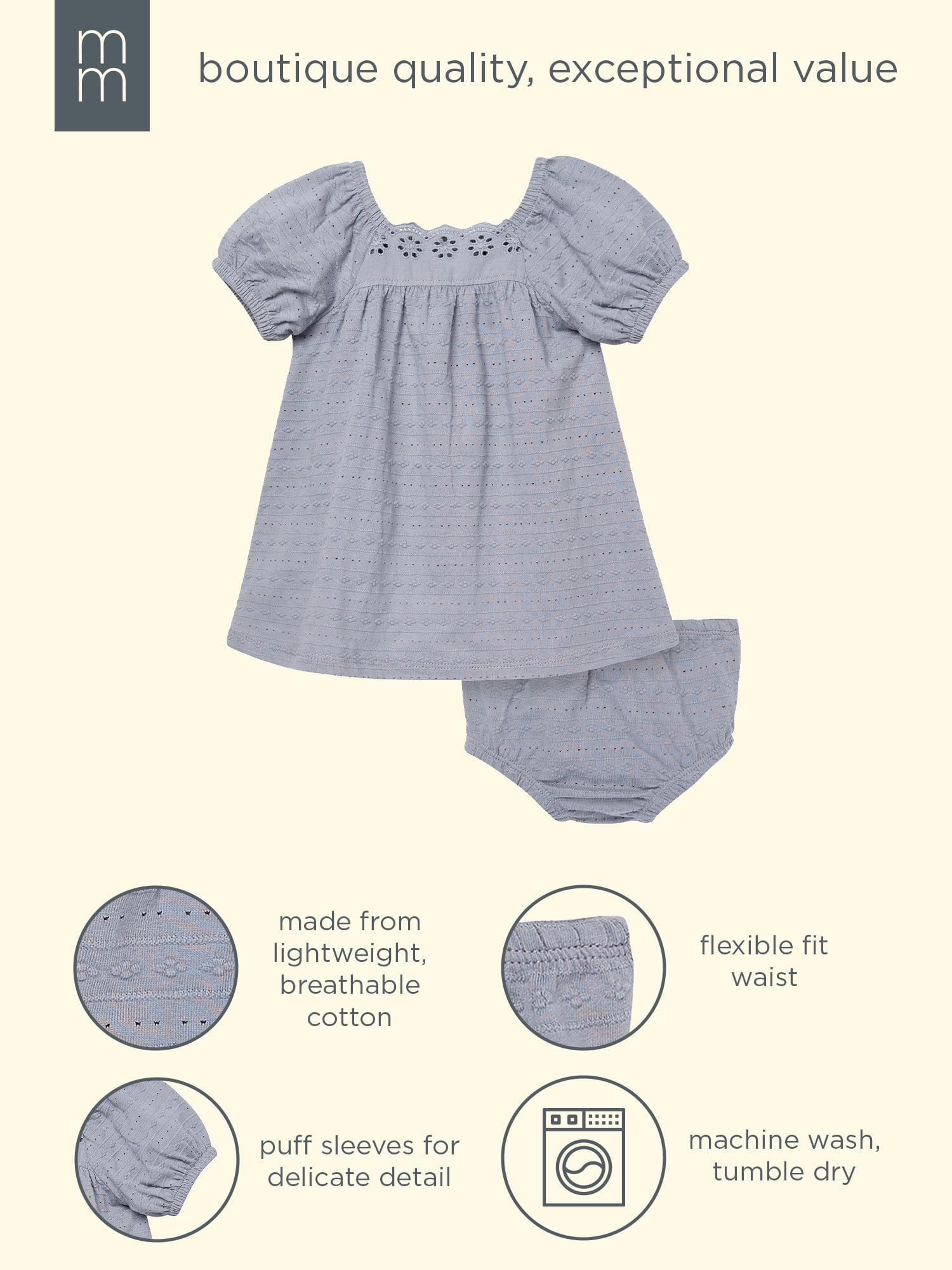 Modern Moments by Gerber Baby Girl Puff Sleeve Dress and Diaper Cover, 2-Piece, Sizes 0/3 Months - 24 Months