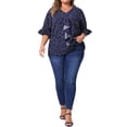 thumbnail image 2 of Blusa de mujer de talla grande GRACE & GRANDEUR con volantes en el frente, mangas fruncidas, cuello en V, tops casuales 3X azul oscuro, 2 of 6