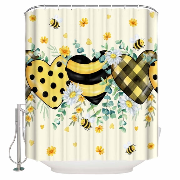 Fabric Shower Curtain, Summer Bee Daisy Eucalyptus Striped Plaid Polka Dot Heart Shower Curtains with 12 Hooks Waterproof Machine Washable Bath Curtains for Bathroom, 48x 72in