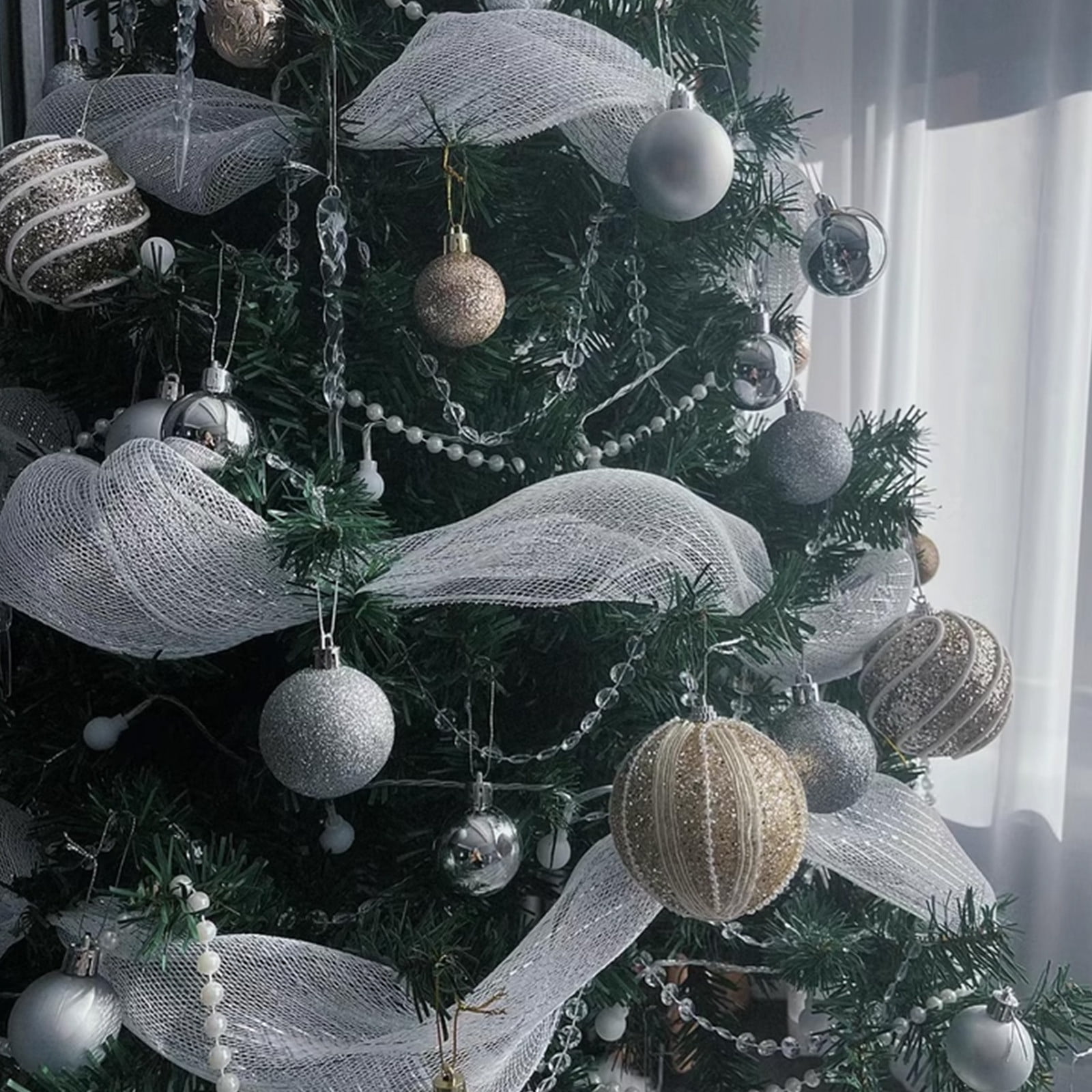 Nature Deco Mesh Ribbon with Metallic Foil, Silver, 20.8 inch x 29 feet, for Christmas Tree Wreaths