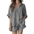 thumbnail image 2 of FengLS Women's Fashion 2 Piece Sets Lapel Collar Button Down Shirt & Short Pants Sets Cotton Linen Lightweight Breathable Sets for Daily Outdoor & Casual Home Wear, 2 of 9