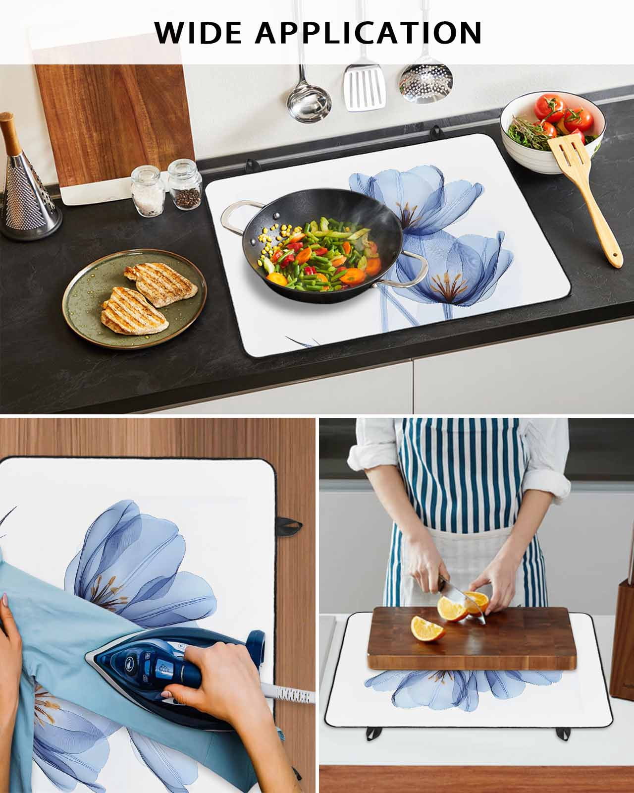 nqOlkjepod Large Induction Cooktop Protector Mat 36"x21", Light Blue Tulip Stove Top Covers for Electric Stove, Elegant Modern Rustic Botanical Floral Stove Burner Cover Mats, Glass Top Stove Cover