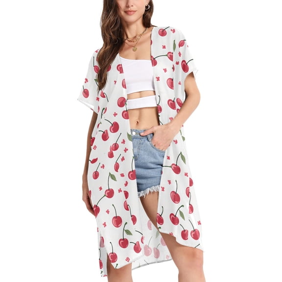 joogoo Women's Cherry and Flowers Beach Cover Up Kimono Swimsuit Summer Cardigan Swimwear S