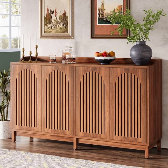 57 Inch Farmhouse Sideboard Buffet Storage Cabinet With Adjustable Shelf Brown Vintage Shutter Doors Kitchen Dining Organizer