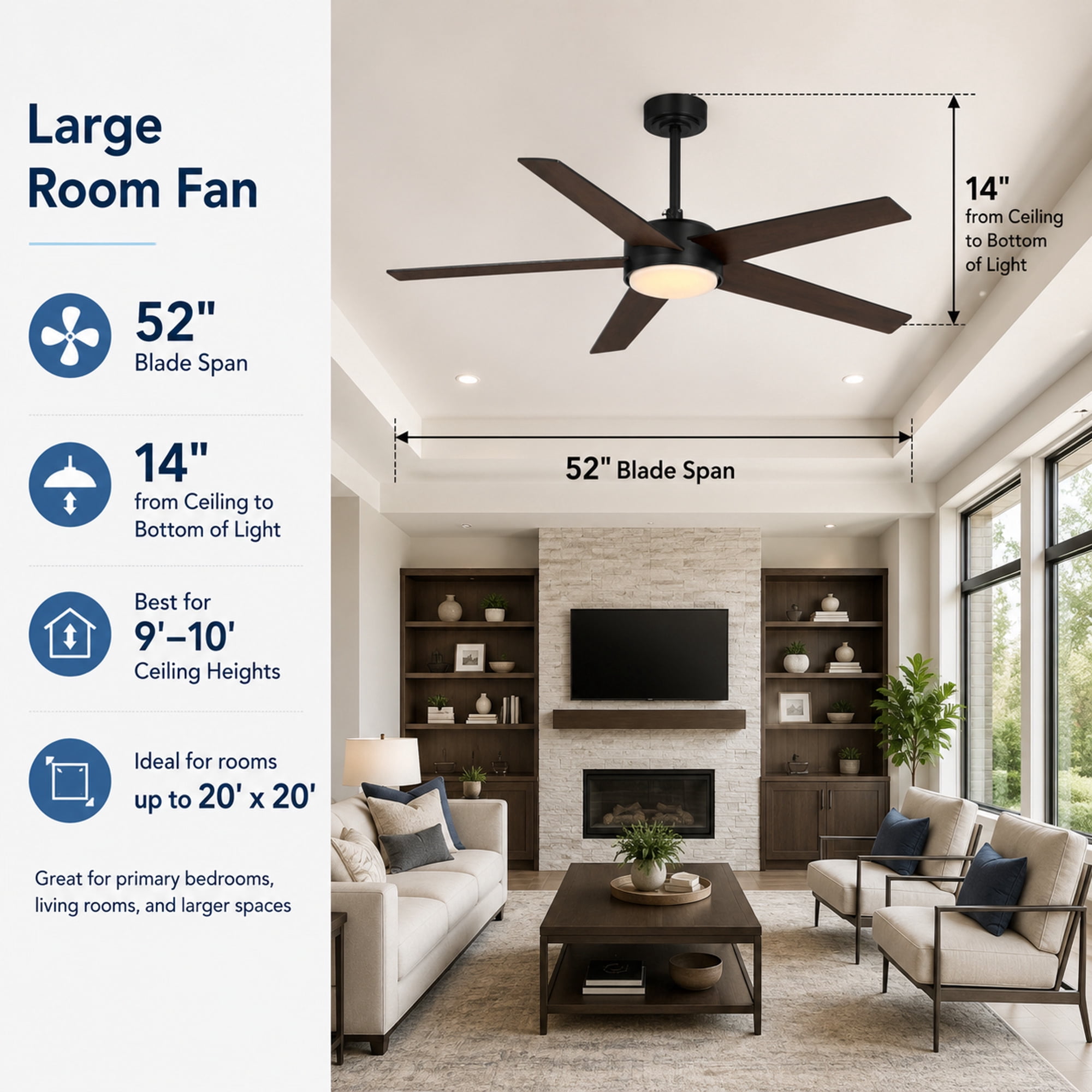 Mainstays 52-Inch Black Downrod DC Ceiling Fan with Integrated LED Light, Remote Control, 6 Speeds, and Fast-Install Blade System
