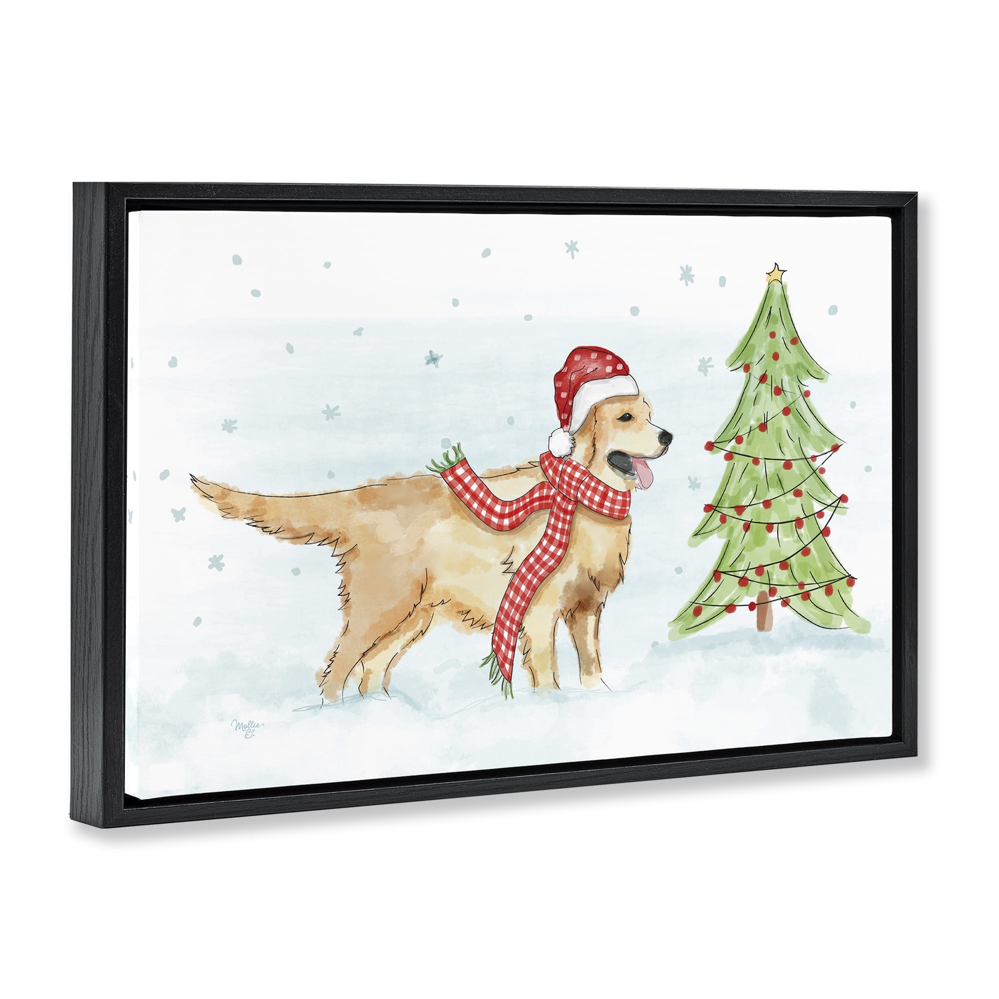 Stupell Industries Snowy Labrador Scene Holiday Painting Black Floater Framed Canvas Art Prints Wall Art, 25 x 17