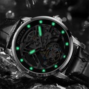 JINLERY Real Tourbillon Skeleton Mechanical Hand Wind Vintage Wrist Watch Men Sapphire Crystal Diamond Business Hollow Manual Winding Luminous Dress Clock Man Stainless Steel Leather Wristwatch