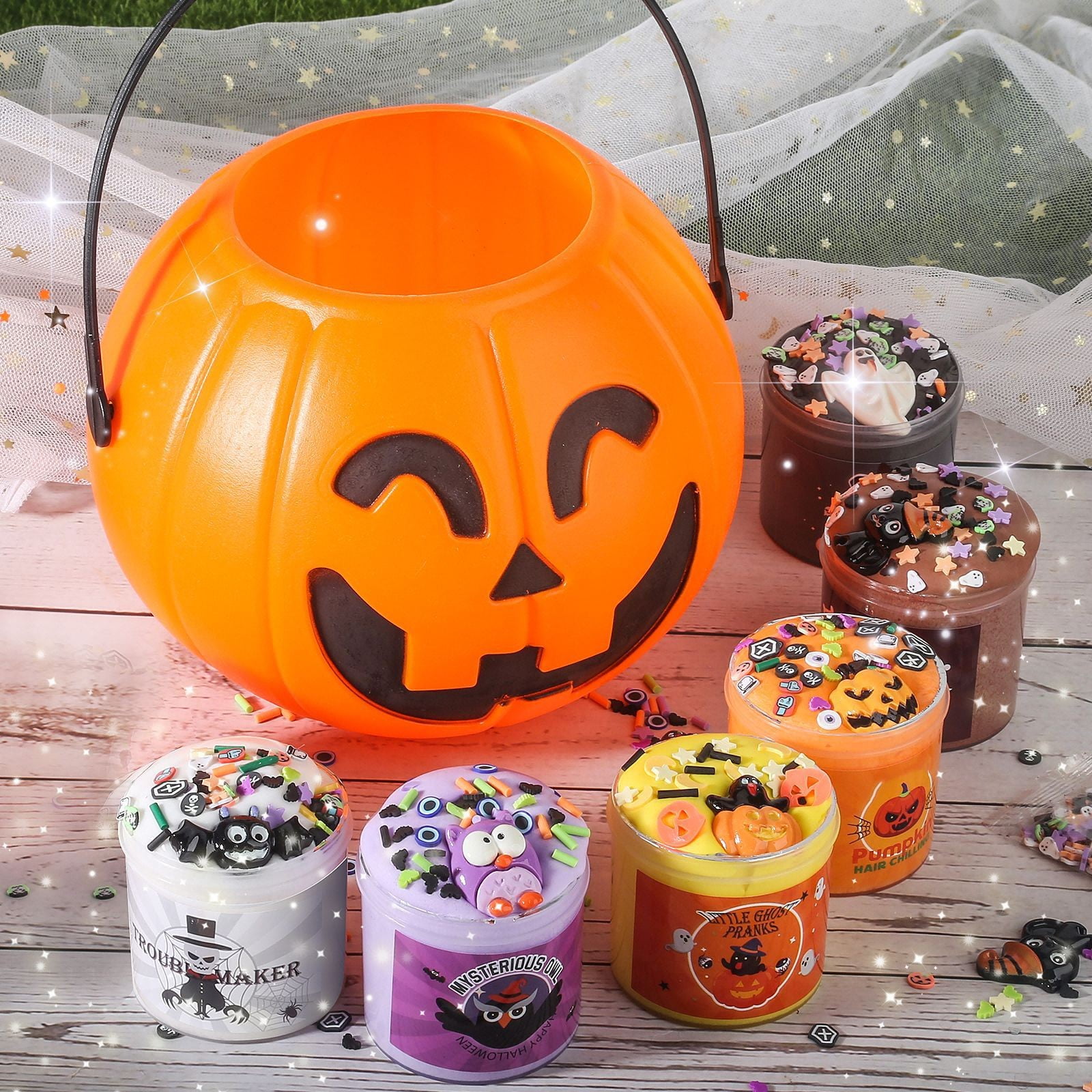 Light Up Halloween Bucket with Slime Set, Glow-in-Dark Pail with Sensory Putty Party Favor Kit, Not for Children Under 3, Includes Non-Toxic Materials