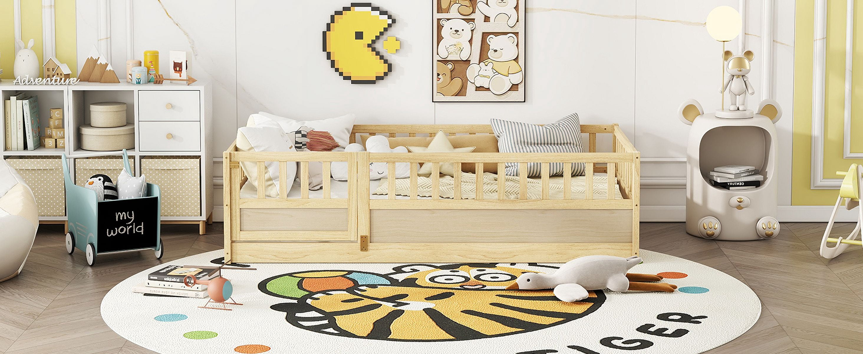 Solid Pine Twin Montessori Floor Bed with Ultra-High Integrated Safety Fence & Clockwise Opening Access Door, Patented Kids Platform Bed with Support Slats Single Package Easy Assembly