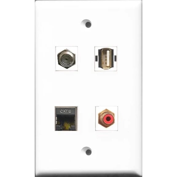 RiteAV 1 Port RCA Red and 1 Port Coax Cable TV- F-Type and 1 Port USB A-A and 1 Port Shielded Cat6 Ethernet Wall Plate