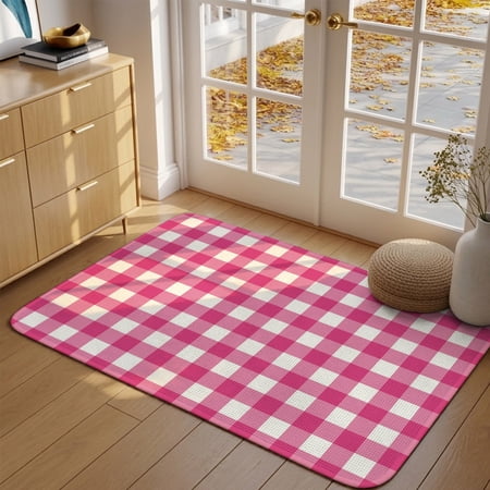 Hot Pink Checks Front Door Mat Indoor Entrance Gingham Plaid Abstract Modern Minimalist Absorbent Dirt Resist Welcome Mats Non-Slip Low-Profile Doormat Washable Entry Rug Indoor Outdoor 32X47 Inch