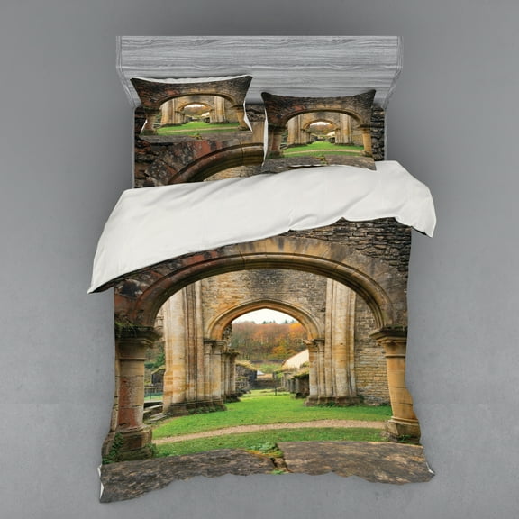 Ambesonne Antique Bedding Set 4 Pcs, Autumn Ruins View, Queen, Sand Brown and Green