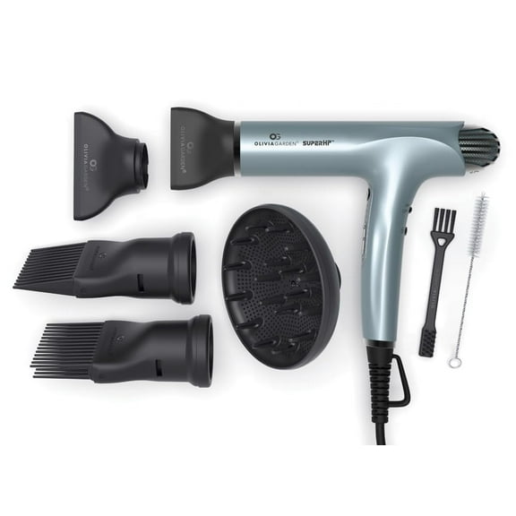 Olivia Garden SuperHP High Performance Professional Hair Dryer 1875 Watts Brushless Motor, Lightweight, Quiet and Powerful with 4 attachments