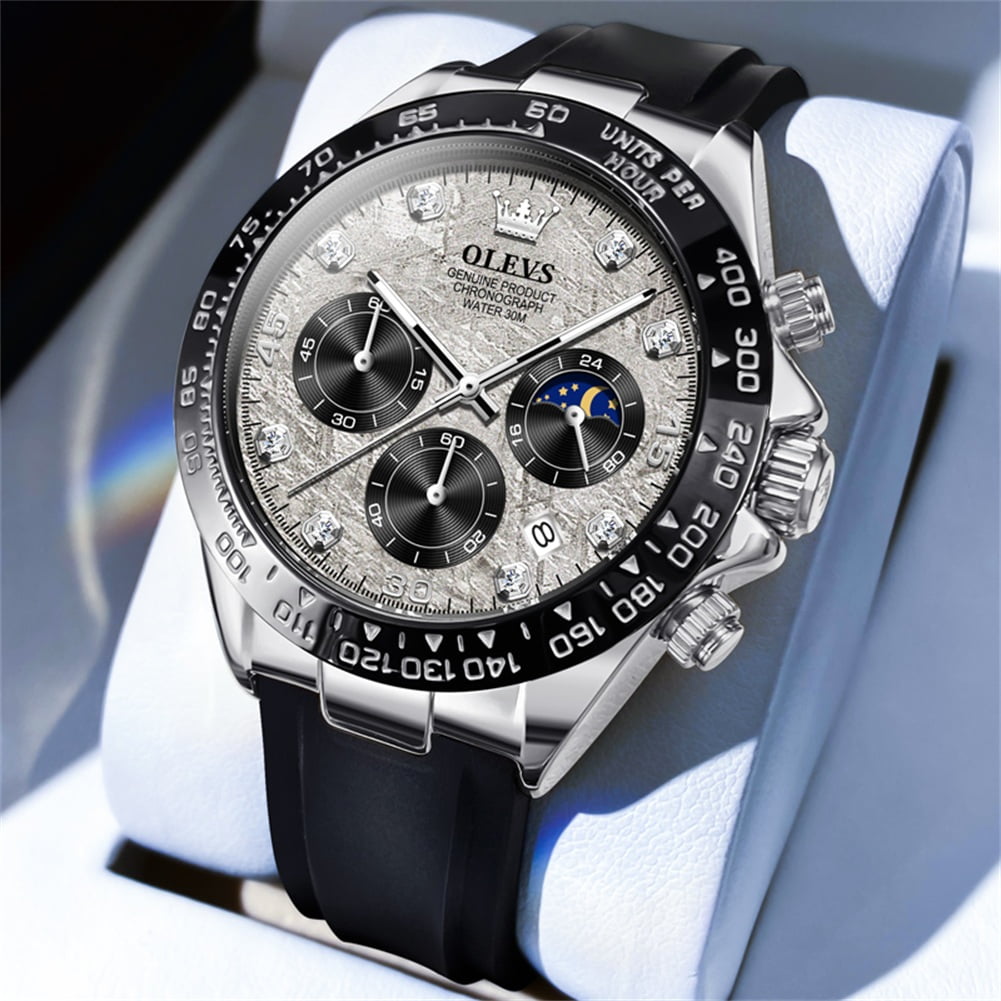 OLEVS Watches for Men Chronograph Multifunction Sport Silicone Luxury Dress Diamond Moon Phase Quartz Male Watch Waterproof Mens Wrist Watches Reloj para Hombre,Gold/Black/White/Blue/Grey Dial